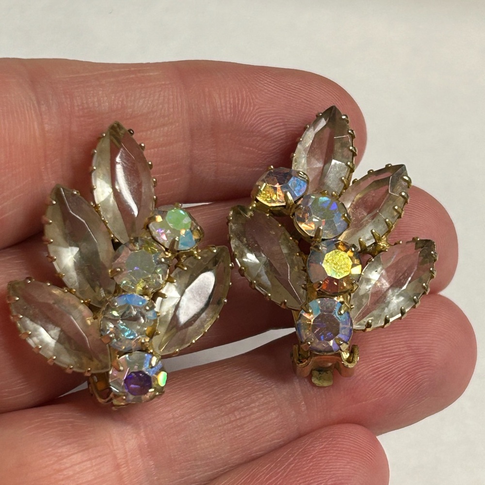 Vintage clip on rhinestone earrings. Clear and AB. Unsigned